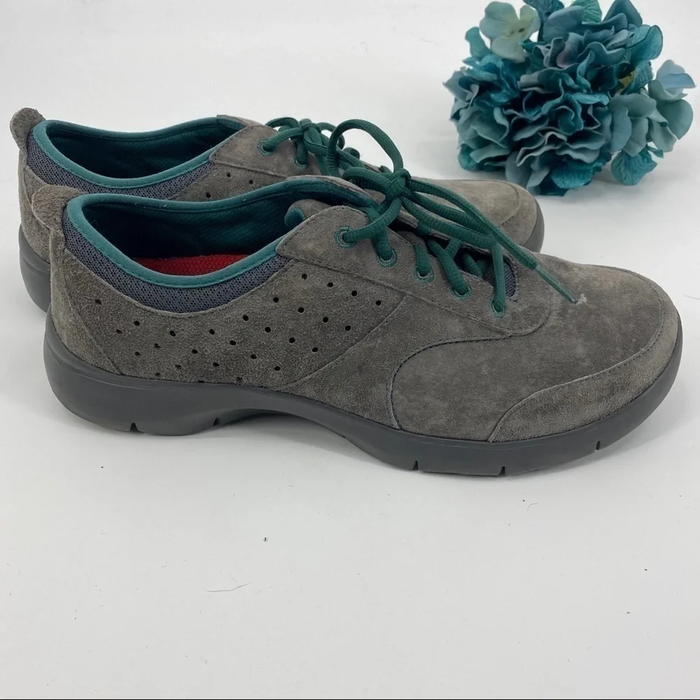 Women's Grey Suede Lace-Up Comfort Shoe with Teal Accents